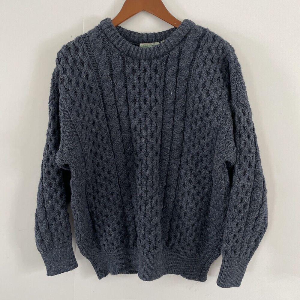 Gaelterra Irish Wool Blue Fisherman Knit Sweater Large Pullover Ireland Grandpa